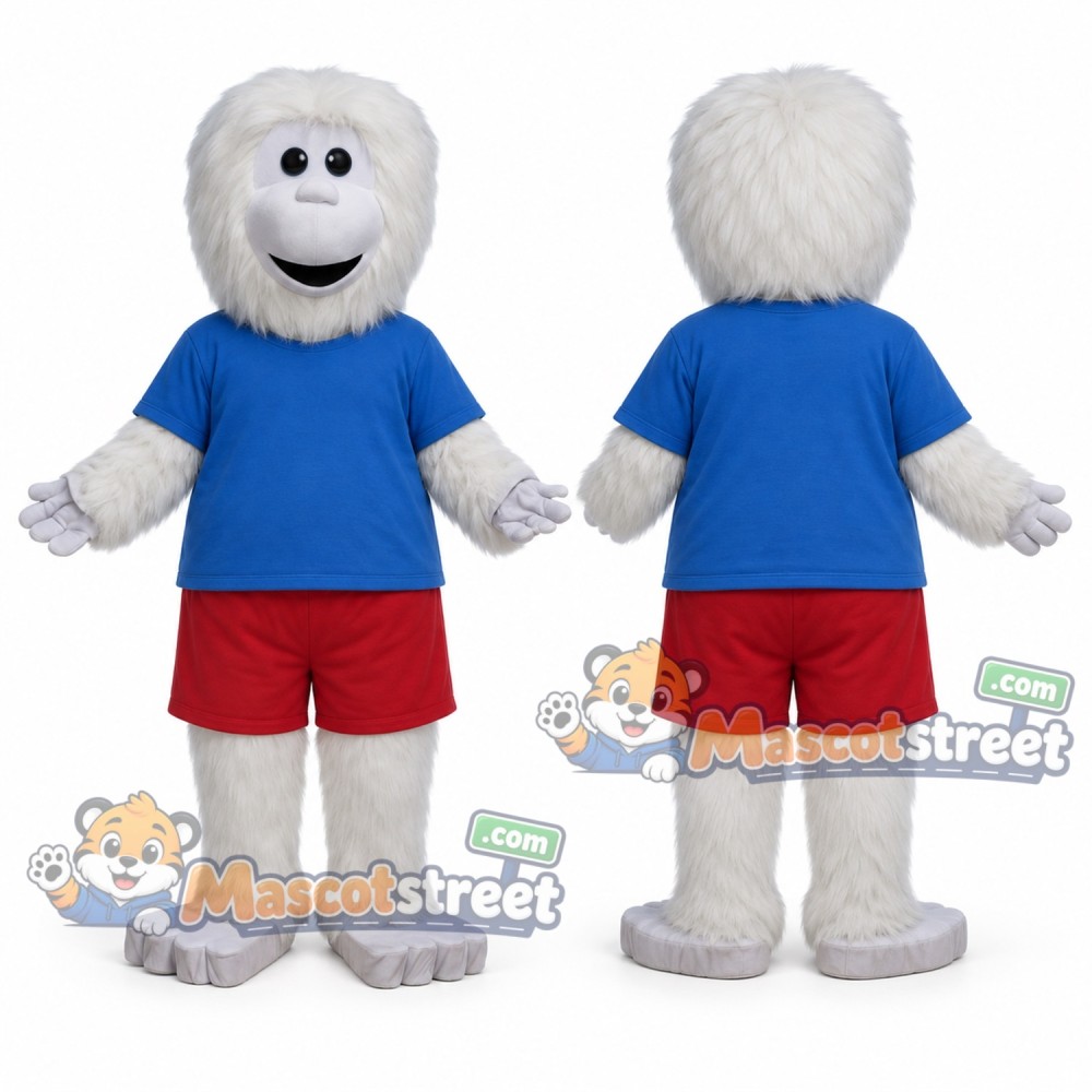 White Yeti Mascot Costume with Blue Shirt and Red Shorts White Yeti Mascot Costume with Blue Shirt and Red Shorts