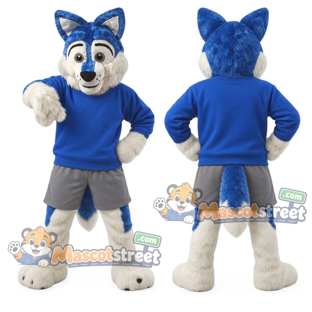 Blue and White Canine Mascot Costume with Blue Sweatshirt and Gray Shorts Blue and White Canine Mascot Costume with Blue Sweatshirt and Gray Shorts