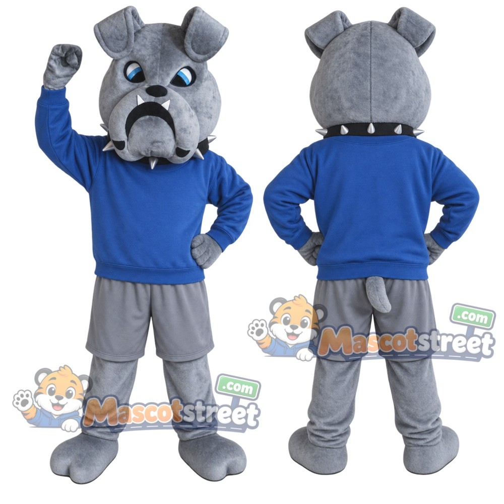 Gray Bulldog Mascot Costume with Blue Sweatshirt and Gray Shorts Gray Bulldog Mascot Costume with Blue Sweatshirt and Gray Shorts