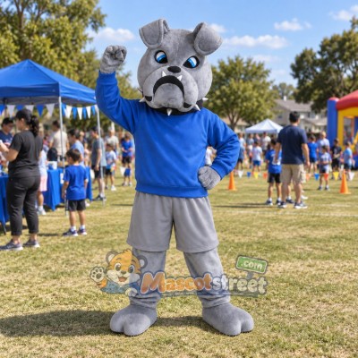 Gray Bulldog Mascot Costume with Blue Sweatshirt and Gray Shorts Gray Bulldog Mascot Costume with Blue Sweatshirt and Gray Shorts