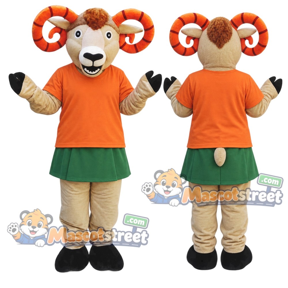 Tan Ram Mascot Costume with Orange Shirt, Green Skirt and Beige Pants