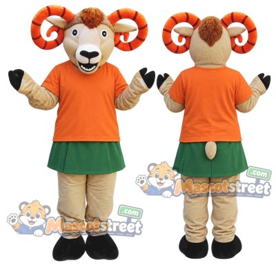 Tan Ram Mascot Costume with Orange Shirt, Green Skirt and Beige Pants