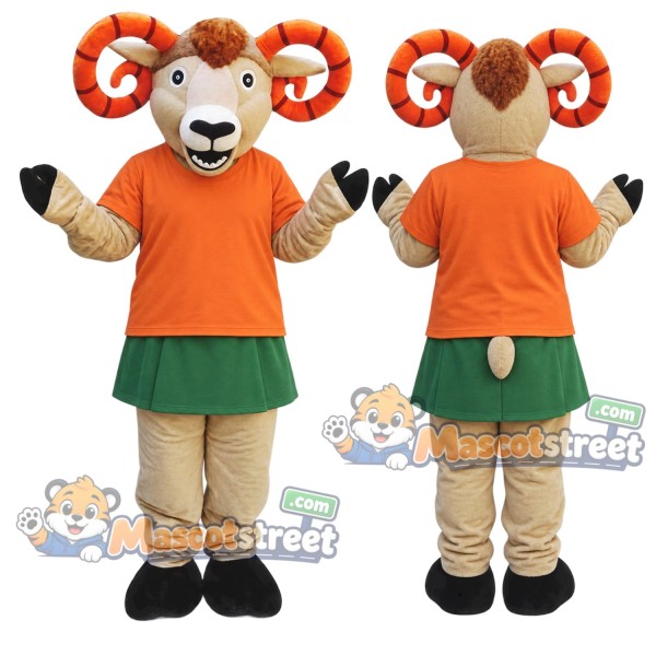 Tan Ram Mascot Costume with Orange Shirt, Green Skirt and Beige Pants