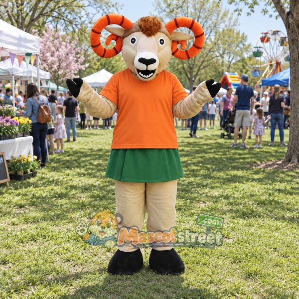 Tan Ram Mascot Costume with Orange Shirt, Green Skirt and Beige Pants