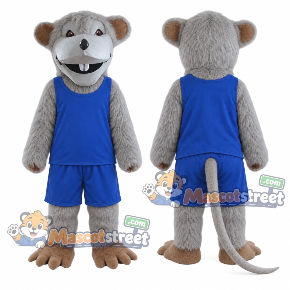Gray Mouse Mascot Costume with Blue Sports Uniform Gray Mouse Mascot Costume with Blue Sports Uniform