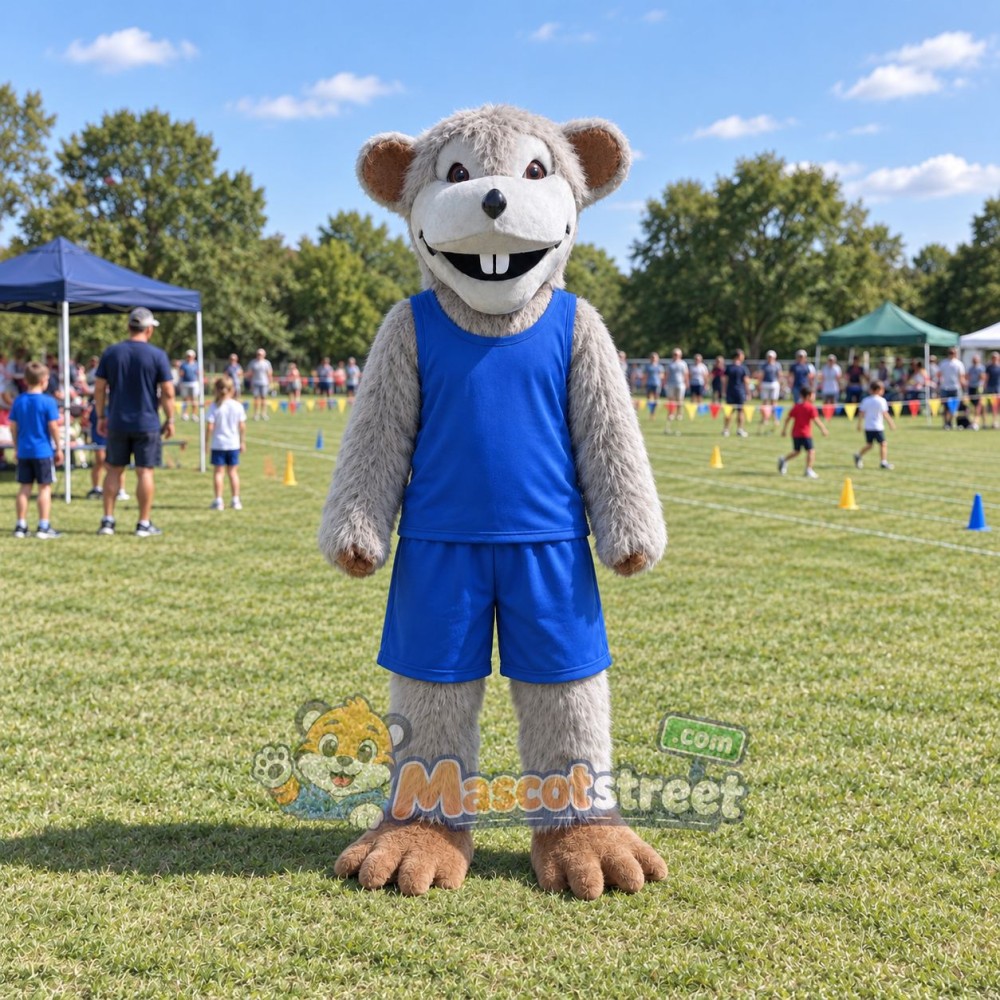 Gray Mouse Mascot Costume with Blue Sports Uniform