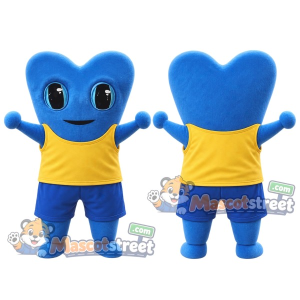 Blue Tooth Mascot Costume with Yellow Shirt and Blue Shorts