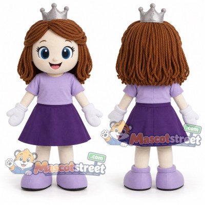 Brown Haired Princess Mascot Costume with Purple Dress and Crown