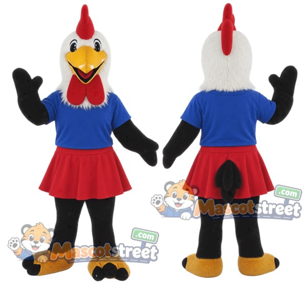 Black Rooster Mascot Costume with Blue Shirt and Red Skirt