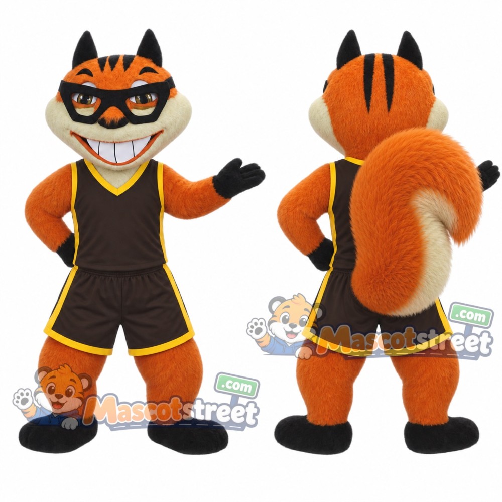 Orange Squirrel Mascot Costume with Black Sports Uniform and Eye Mask Orange Squirrel Mascot Costume with Black Sports Uniform and Eye Mask