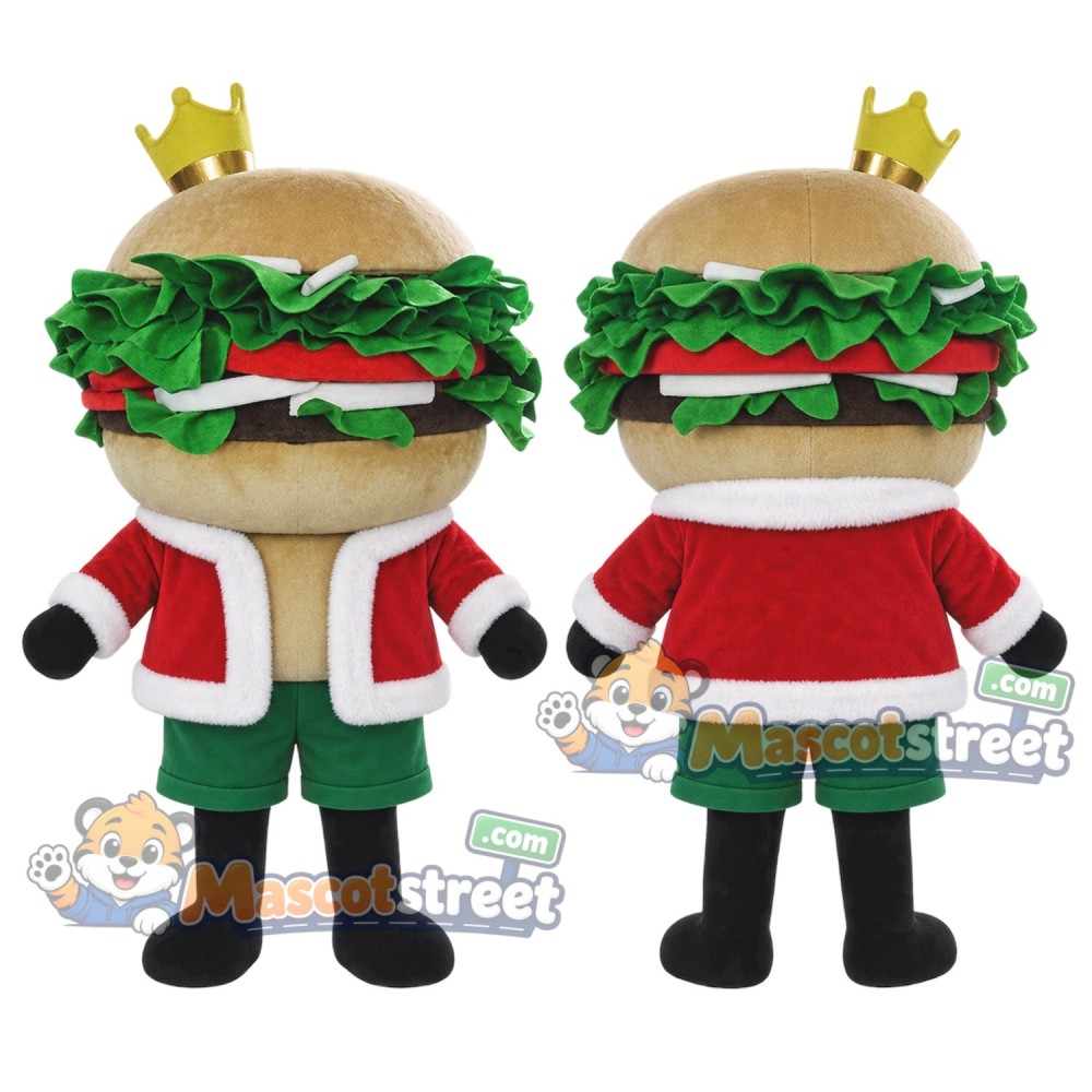 Hamburger King Mascot Costume with Santa Jacket, Green Shorts and Crown Hamburger King Mascot Costume with Santa Jacket, Green Shorts and Crown