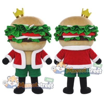 Hamburger King Mascot Costume with Santa Jacket, Green Shorts and Crown Hamburger King Mascot Costume with Santa Jacket, Green Shorts and Crown