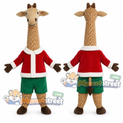 Giraffe Mascot Costume with Santa Jacket and Green Shorts Giraffe Mascot Costume with Santa Jacket and Green Shorts
