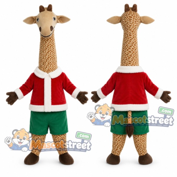 Giraffe Mascot Costume with Santa Jacket and Green Shorts