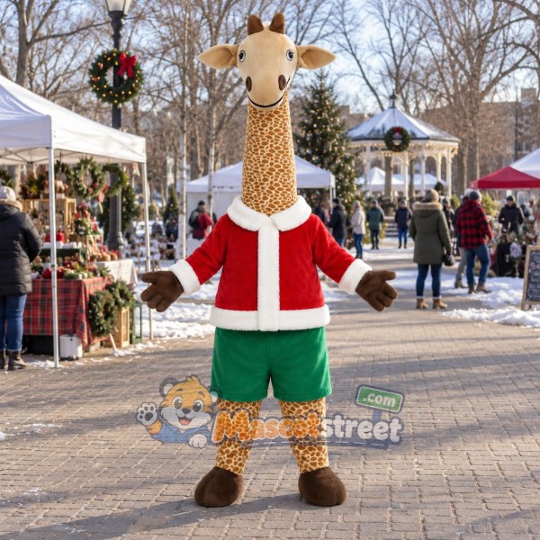 Giraffe Mascot Costume with Santa Jacket and Green Shorts