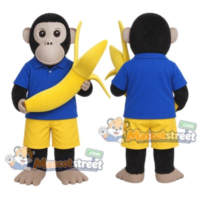 Chimpanzee with Banana Mascot Costume with Blue Shirt and Yellow Shorts