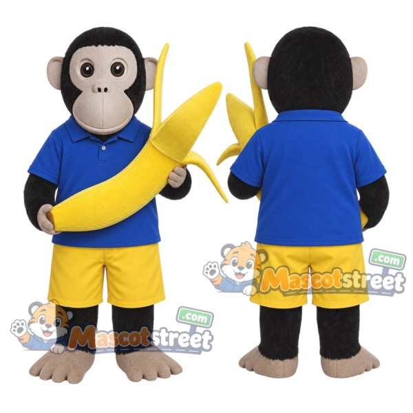 Chimpanzee with Banana Mascot Costume with Blue Shirt and Yellow Shorts