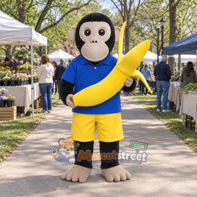 Chimpanzee with Banana Mascot Costume with Blue Shirt and Yellow Shorts Chimpanzee with Banana Mascot Costume with Blue Shirt and Yellow Shorts