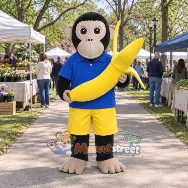 Chimpanzee with Banana Mascot Costume with Blue Shirt and Yellow Shorts