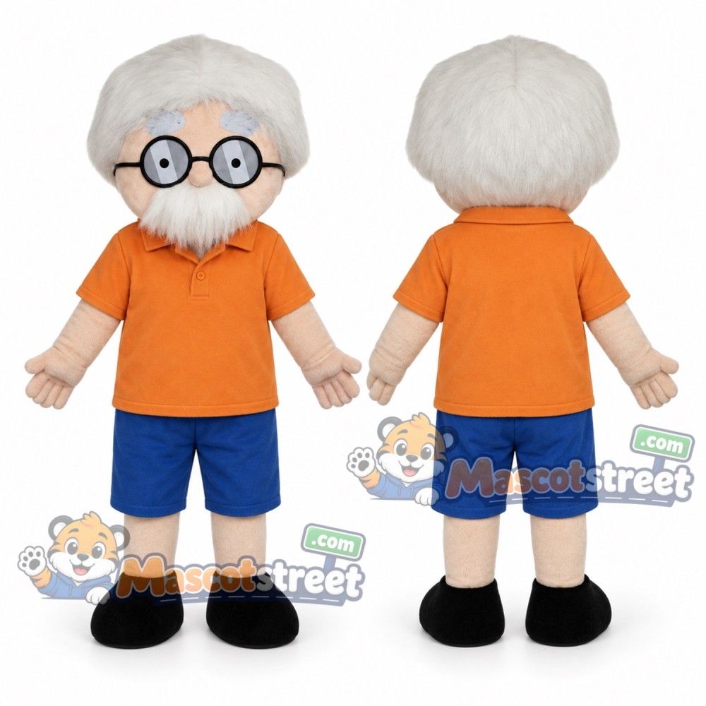 Elderly Professor Mascot Costume with Orange Shirt, Blue Shorts and Glasses