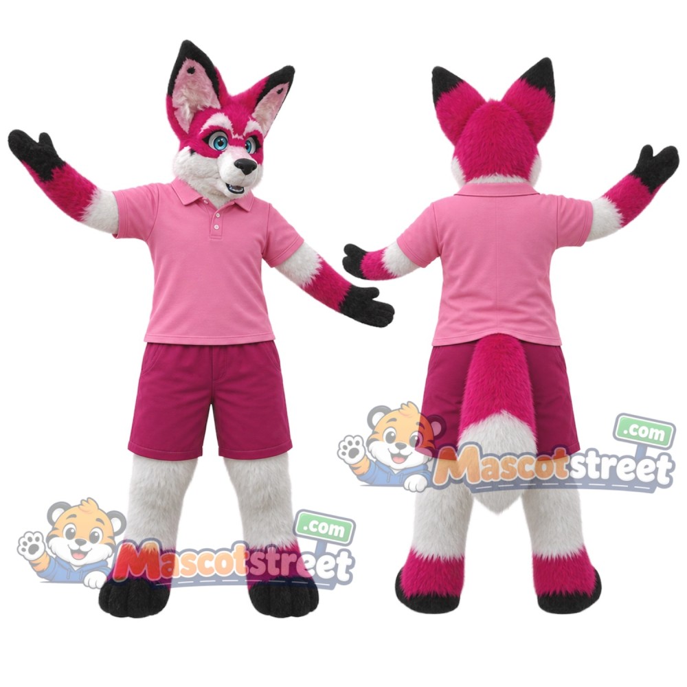 Pink and White Fox Mascot Costume with Pink Shirt and Shorts