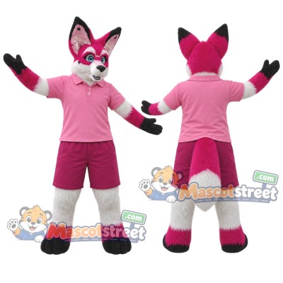 Pink and White Fox Mascot Costume with Pink Shirt and Shorts