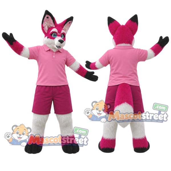 Pink and White Fox Mascot Costume with Pink Shirt and Shorts