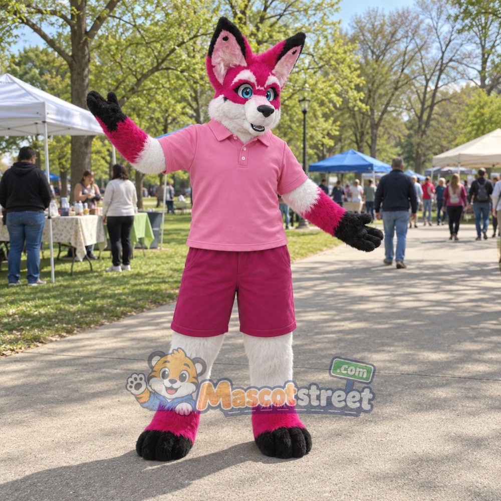 Pink and White Fox Mascot Costume with Pink Shirt and Shorts