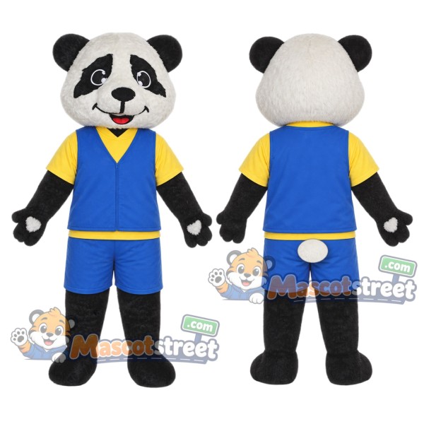 Panda Mascot Costume with Blue Sports Uniform with Yellow Sleeves