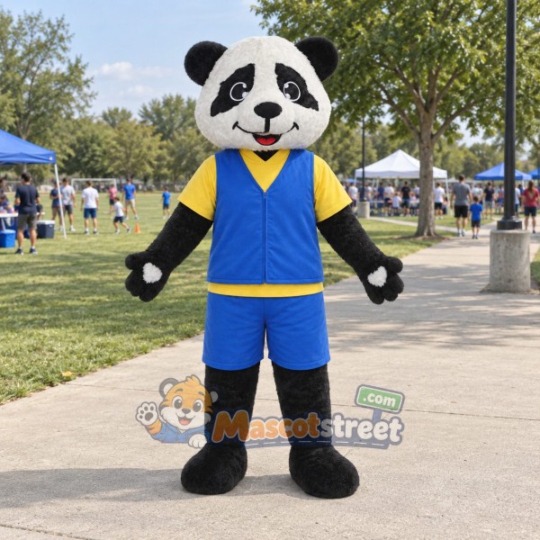 Panda Mascot Costume with Blue Sports Uniform with Yellow Sleeves