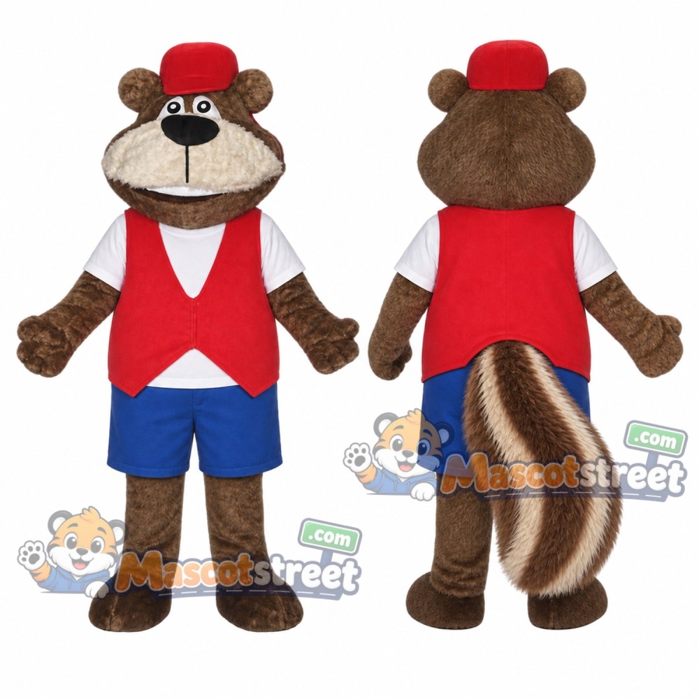 Brown Chipmunk Mascot Costume with Red Vest, Blue Shorts and Red Hat Brown Chipmunk Mascot Costume with Red Vest, Blue Shorts and Red Hat