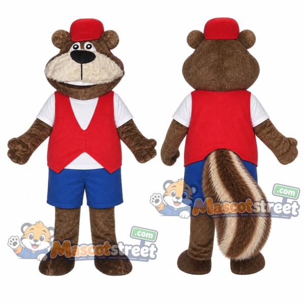 Brown Chipmunk Mascot Costume with Red Vest, Blue Shorts and Red Hat
