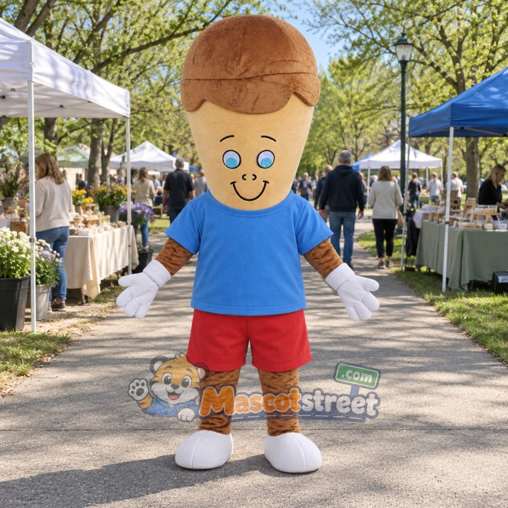 Ice Cream Cone Mascot Costume with Blue Shirt and Red Shorts