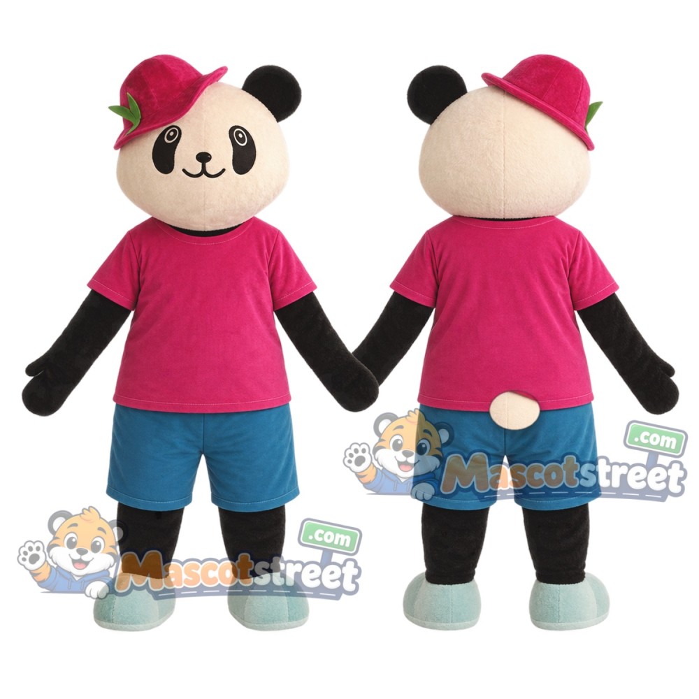 Panda Mascot Costume with Pink Shirt, Blue Shorts and Pink Cap