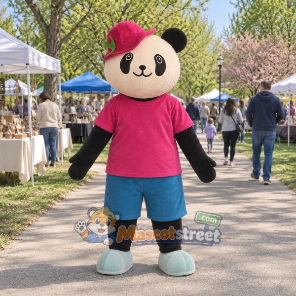 Panda Mascot Costume with Pink Shirt, Blue Shorts and Pink Cap