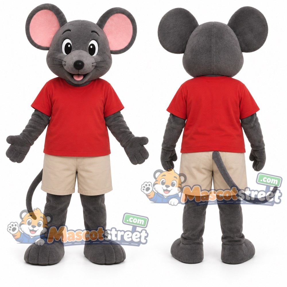 Gray Mouse Mascot Costume with Red Shirt and Beige Shorts Gray Mouse Mascot Costume with Red Shirt and Beige Shorts