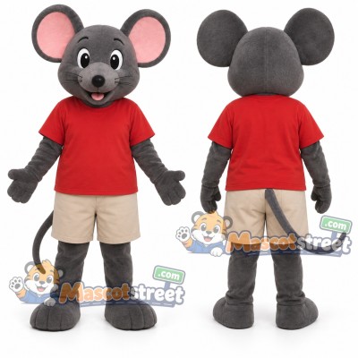 Gray Mouse Mascot Costume with Red Shirt and Beige Shorts Gray Mouse Mascot Costume with Red Shirt and Beige Shorts