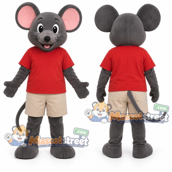 Gray Mouse Mascot Costume with Red Shirt and Beige Shorts