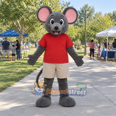 Gray Mouse Mascot Costume with Red Shirt and Beige Shorts