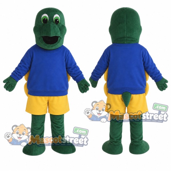 Green Turtle Mascot Costume with Blue Sweatshirt and Yellow Shorts