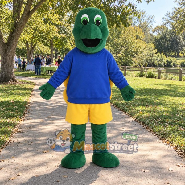 Green Turtle Mascot Costume with Blue Sweatshirt and Yellow Shorts