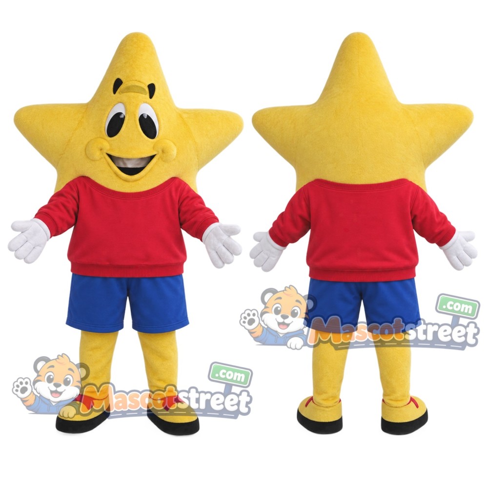 Yellow Star Mascot Costume with Red Sweatshirt and Blue Shorts Yellow Star Mascot Costume with Red Sweatshirt and Blue Shorts