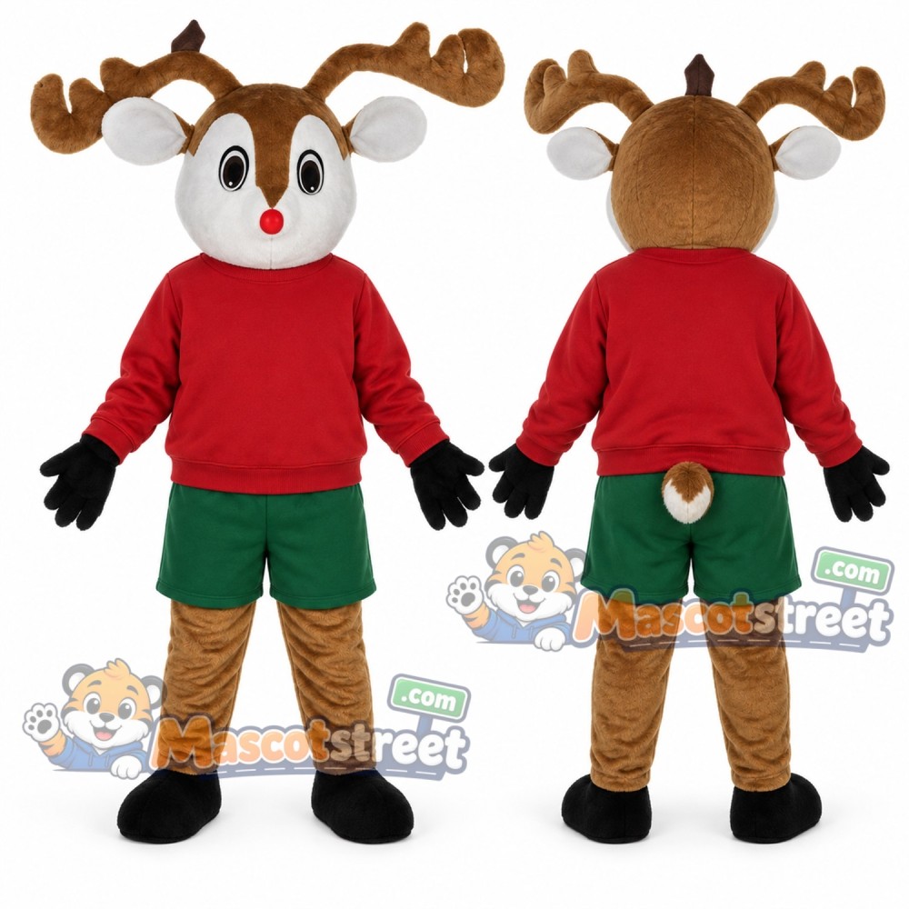 Brown Reindeer Mascot Costume with Red Sweatshirt and Green Shorts