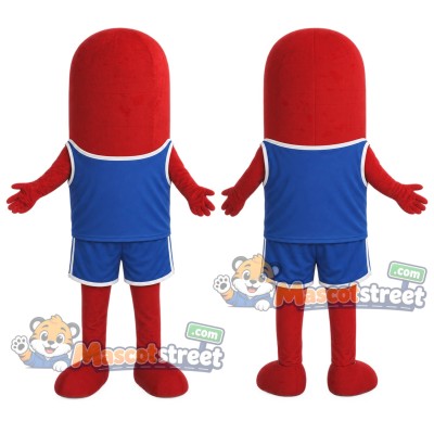 Red and White Pill Mascot Costume with Navy Sports Uniform Red and White Pill Mascot Costume with Navy Sports Uniform
