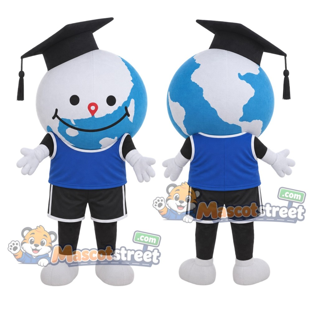 Earth Globe Graduate Mascot Costume with Blue Sleeveless Shirt, Black Shorts and Graduation Cap