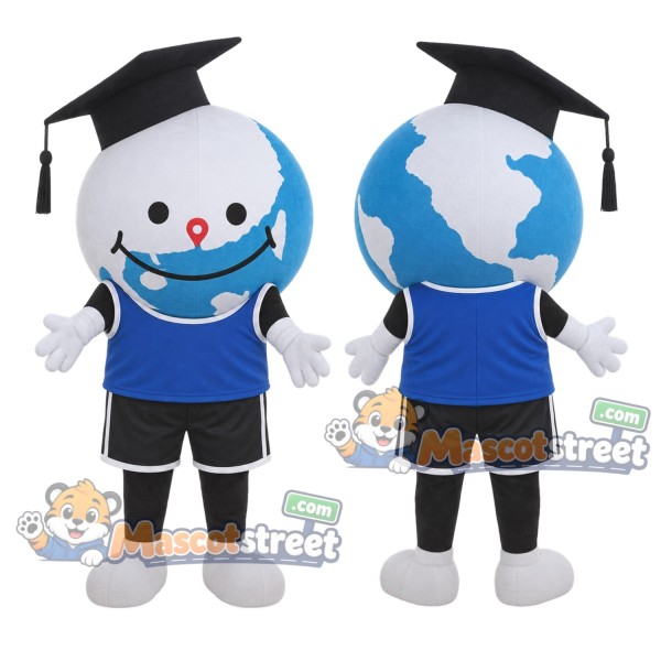 Earth Globe Graduate Mascot Costume with Blue Sleeveless Shirt, Black Shorts and Graduation Cap