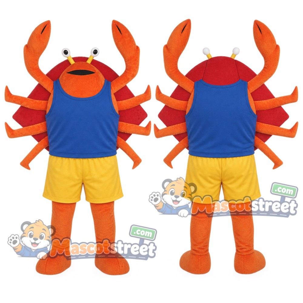 Orange Crab Mascot Costume with Blue Sleeveless Shirt and Yellow Shorts Orange Crab Mascot Costume with Blue Sleeveless Shirt and Yellow Shorts