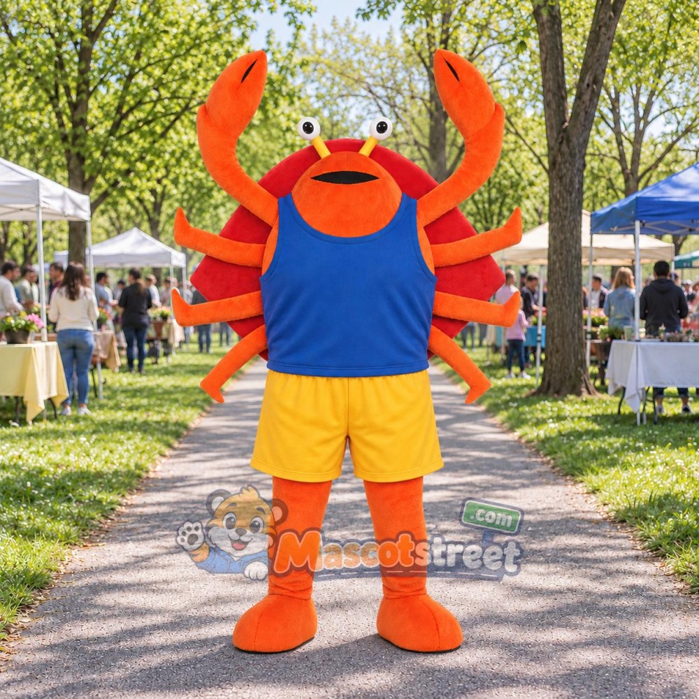 Orange Crab Mascot Costume with Blue Sleeveless Shirt and Yellow Shorts
