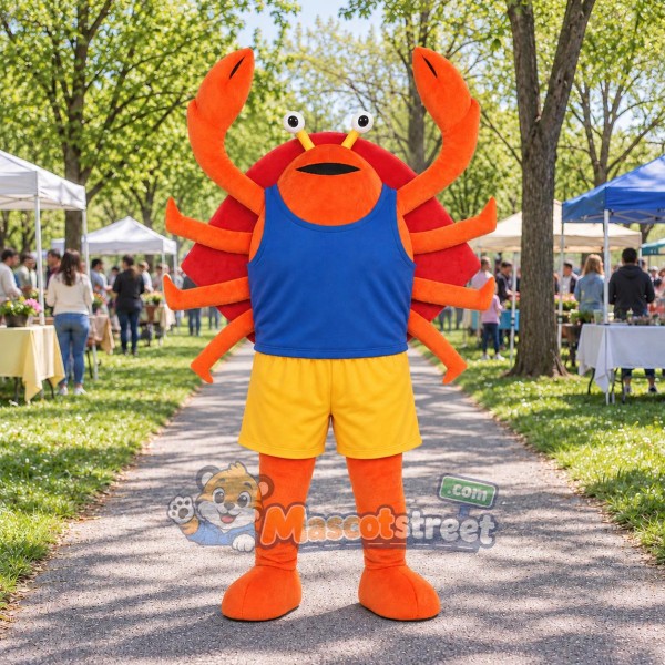 Orange Crab Mascot Costume with Blue Sleeveless Shirt and Yellow Shorts Orange Crab Mascot Costume with Blue Sleeveless Shirt and Yellow Shorts