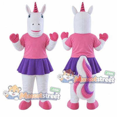 White Unicorn Mascot Costume with Pink Shirt and Purple Skirt